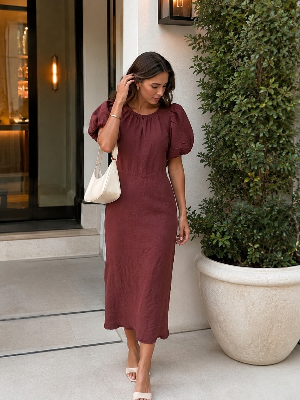 Stories Be Told Plum/Burgundy Puff Sleeve Midi Dress | NZ 6 / US 2